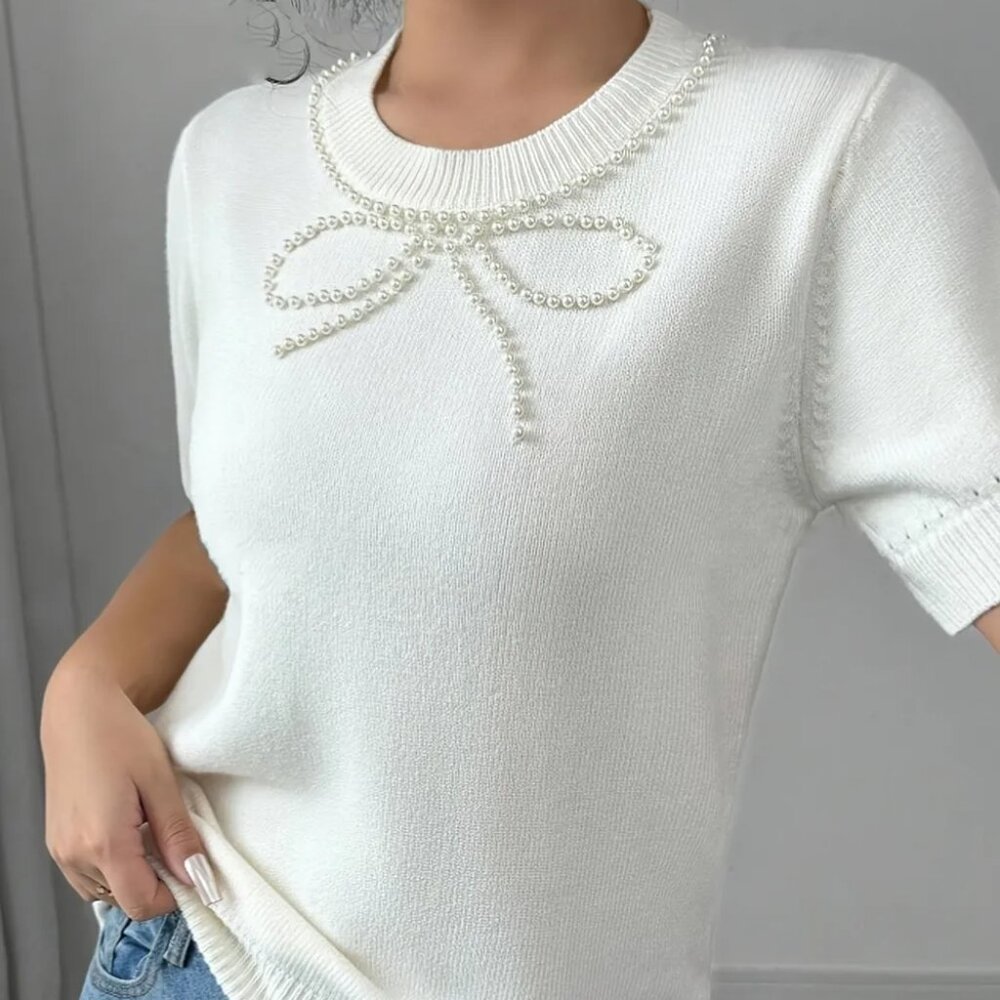 Pearl Bow Embellished Round Neck Sweater